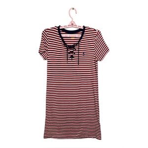 Ralph Lauren Polo T-Shirt Mini Dress Lace Up Front-Striped-Cotton Casual, Size S